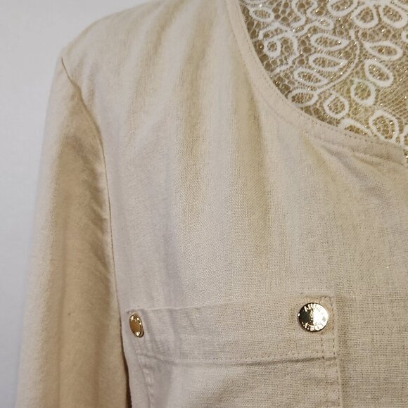Anne Klein Women's L Beige Linen Blend Roll Tab Sleeve Front Zipper  Pocket Top - Picture 4 of 15